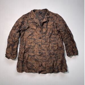 SUN KIM Textured Brown Patterned Boyfriend Crinkle Jacket Sz L / USA Button Up